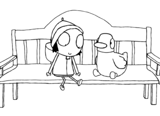 Farvelægningsbog Karakterer på en bænk Sarah og Duck