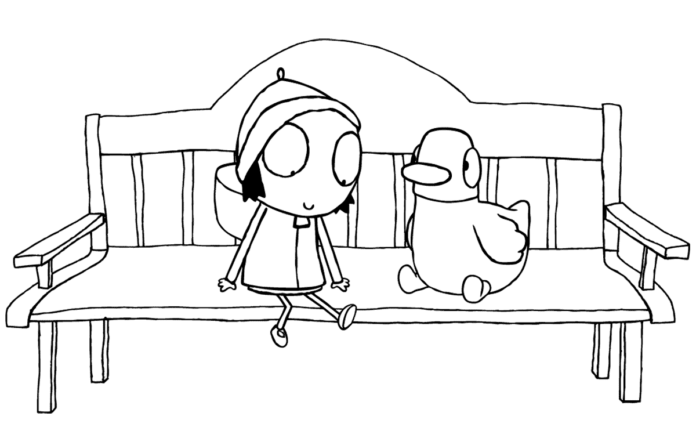Livro de colorir personagens em um banco Sarah e Duck