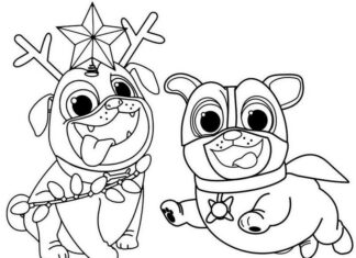 Bingo and Rolly cartoon characters in action printable coloring book for kids