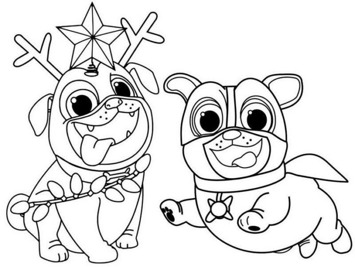 Malebog til udskrivning med Bingo og Rolly tegneseriefigurer i aktion for børn
