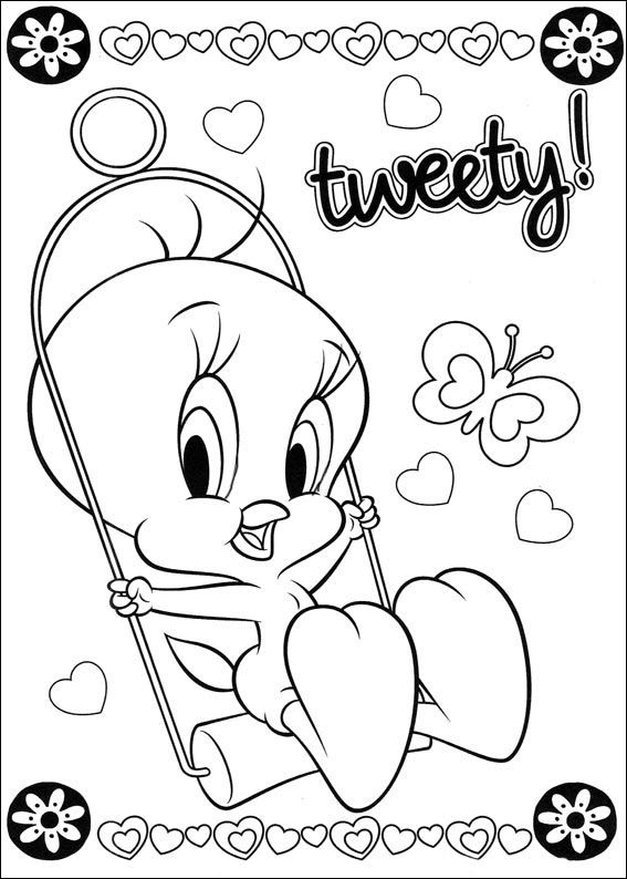 Livro de colorir Tweety bird em um baloiço