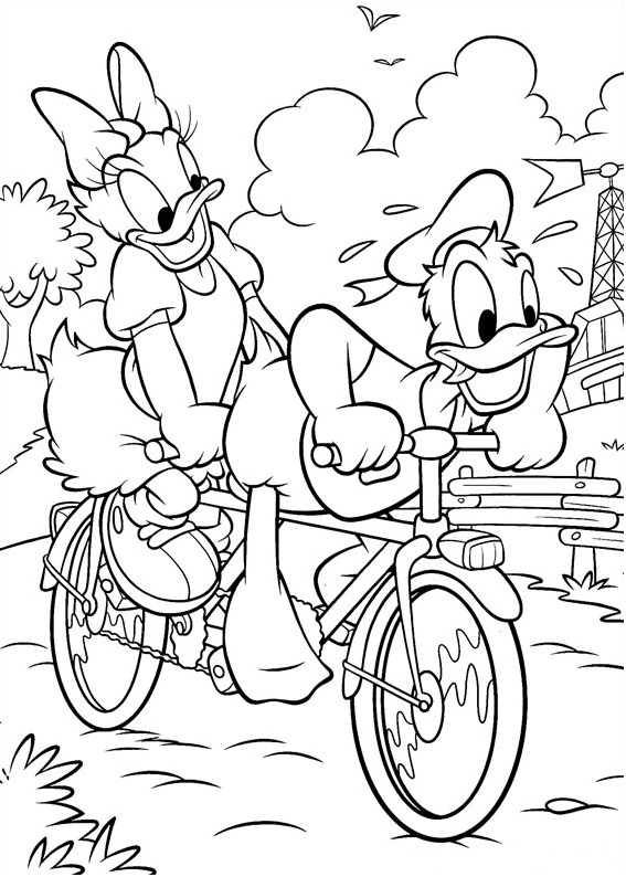 Libro de colorear en bicicleta Tandem Daisy y Donald