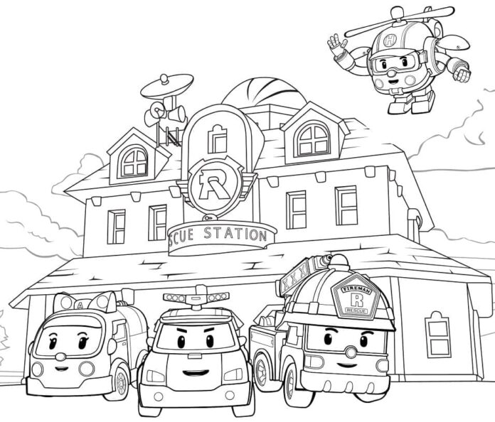 Livre de coloriage Scène du dessin animé Robocar Poli pour les enfants