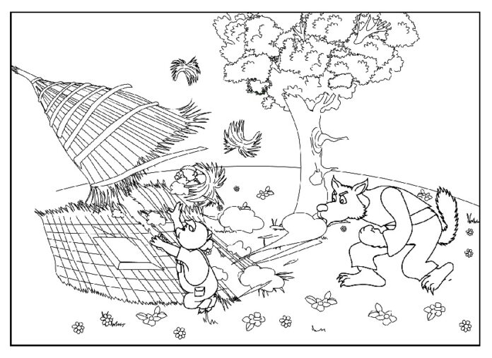 Livro colorido imprimível Cena do conto de fadas The Three Little Pigs