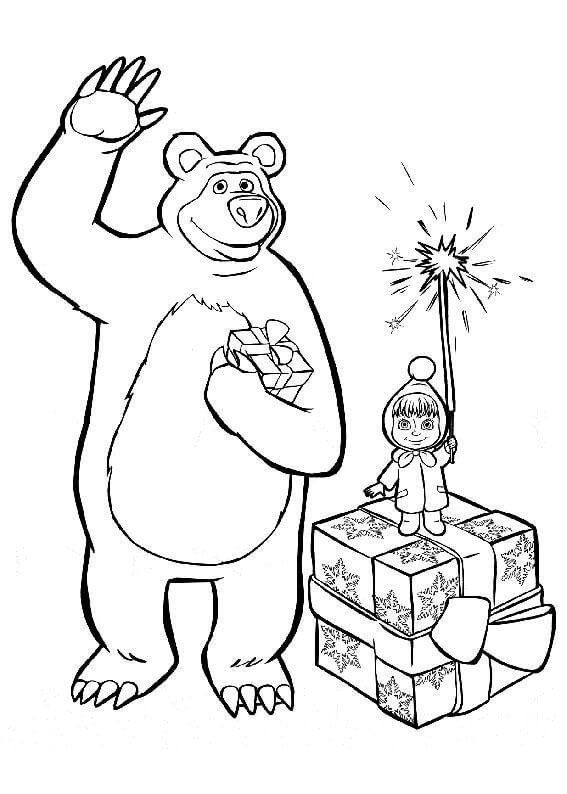 Masha és a medve nyomtatható karácsonyi színezőkönyv