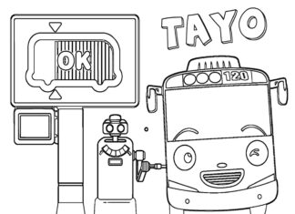 Farvelægningsbog med Tayo den lille bus og tankstation til udskrivning