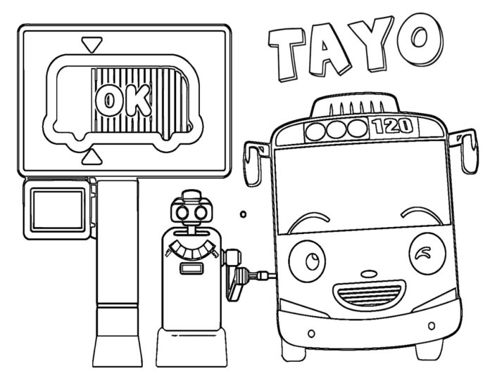 Färgbok för Tayo den lilla bussen och bensinstationen som kan skrivas ut