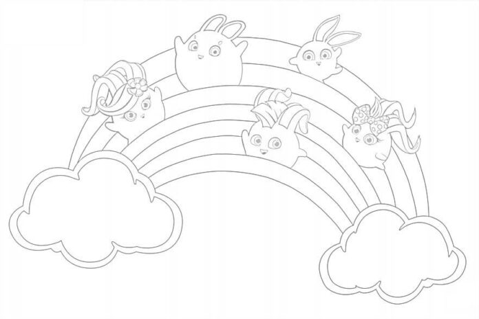 Malebog med regnbue og solrige kaniner til børn til udskrivning