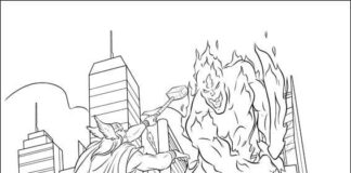 Thor fights in the city printable coloring book