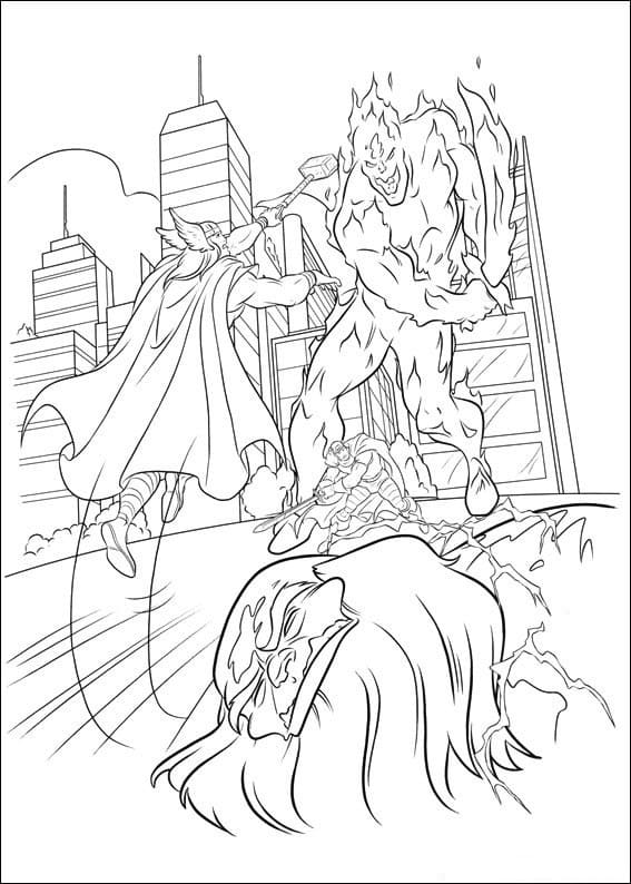 Thor fights in the city printable coloring book