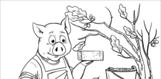 Farvelægningsbog til børn med tre små grise, som kan udskrives