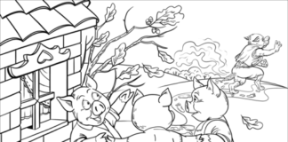 Livro colorido Os Três Porquinhos do conto de fadas para crianças