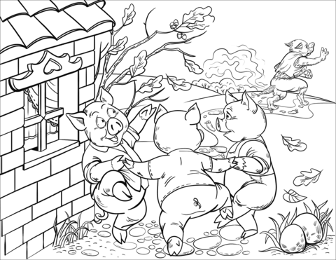 Livro colorido Os Três Porquinhos do conto de fadas para crianças