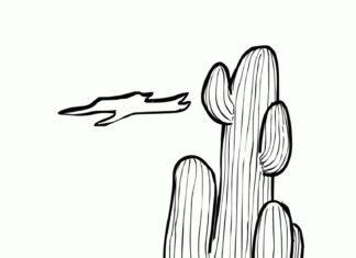 Printable coloring book Snake and cactus in the desert