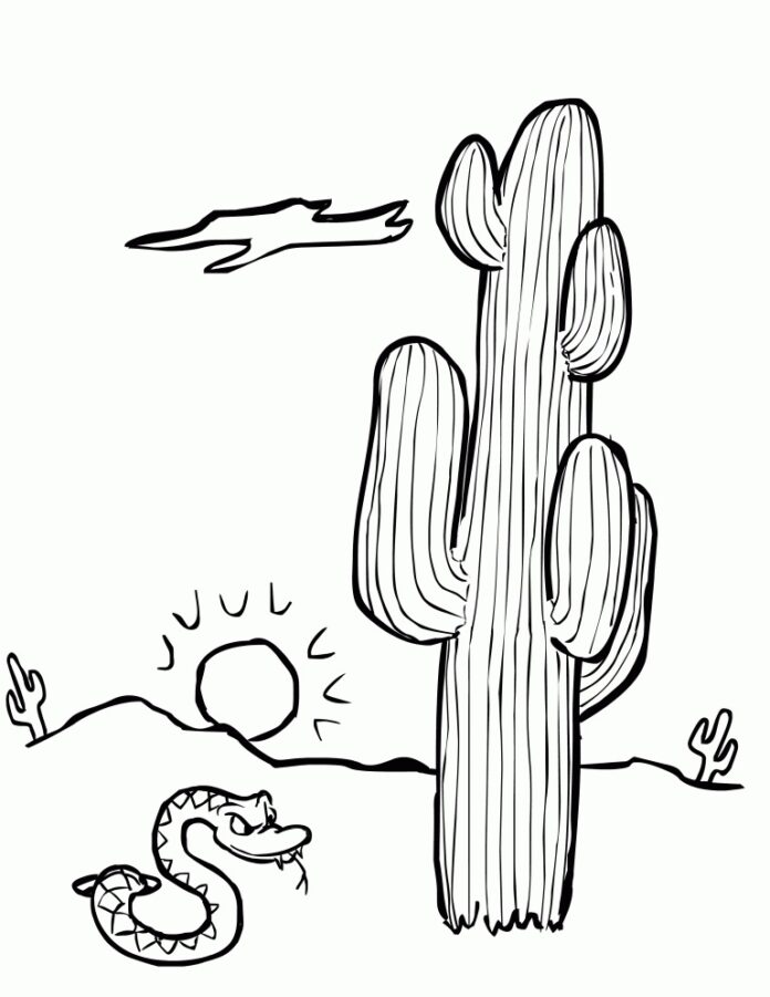 Druckfähiges Malbuch Schlange und Kaktus in der Wüste