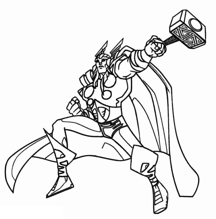 Warrior Thor coloring book with a hammer
