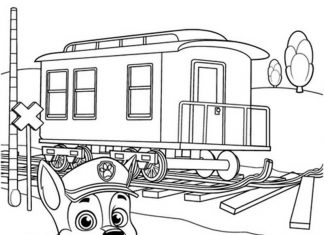 Foglio da colorare Chase con lo sfondo del treno dei Paw Patrol