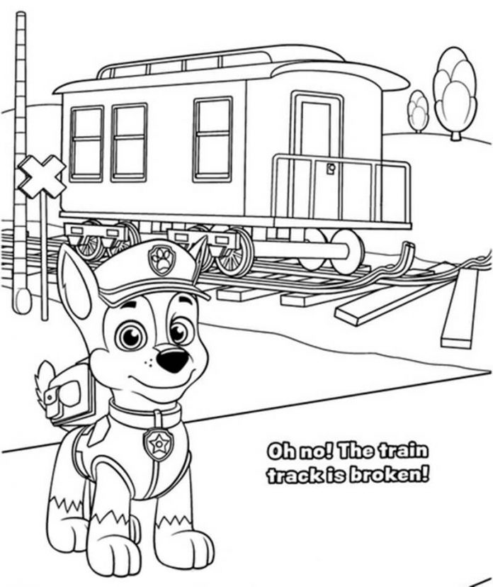 Väritysarkki Chase on taustalla Paw Patrol juna