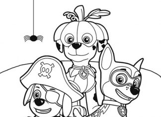 Lámina para colorear de Chase con sus amigos de la Patrulla Canina en Halloween