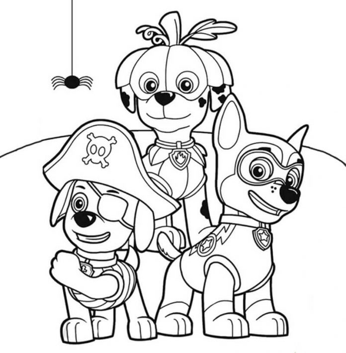 Lámina para colorear de Chase con sus amigos de la Patrulla Canina en Halloween