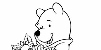 Omalovánky Medvídka Pú k vytisknutí, držící slunečnice