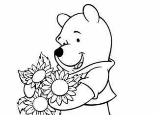 Omaľovánka Medvedíka Pú na vytlačenie, ktorá drží slnečnice