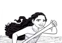 Coloring book Moana on a raft for children