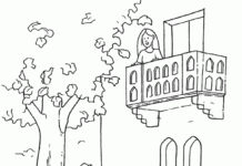 Coloring page Rome leans against a tree under Juliet's balcony