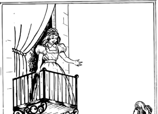 Omalovánky Romeo hovoří s Julií, která stojí na balkoně.