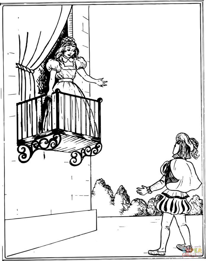 Omalovánky Romeo hovoří s Julií, která stojí na balkoně.