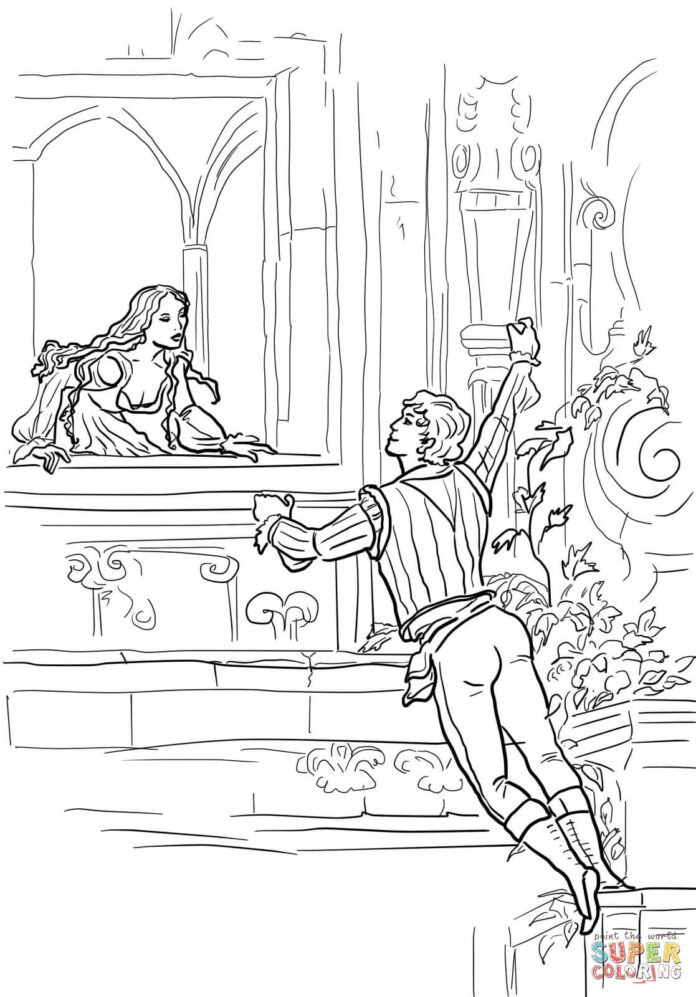 Coloring page Romeo climbs up to Juliet