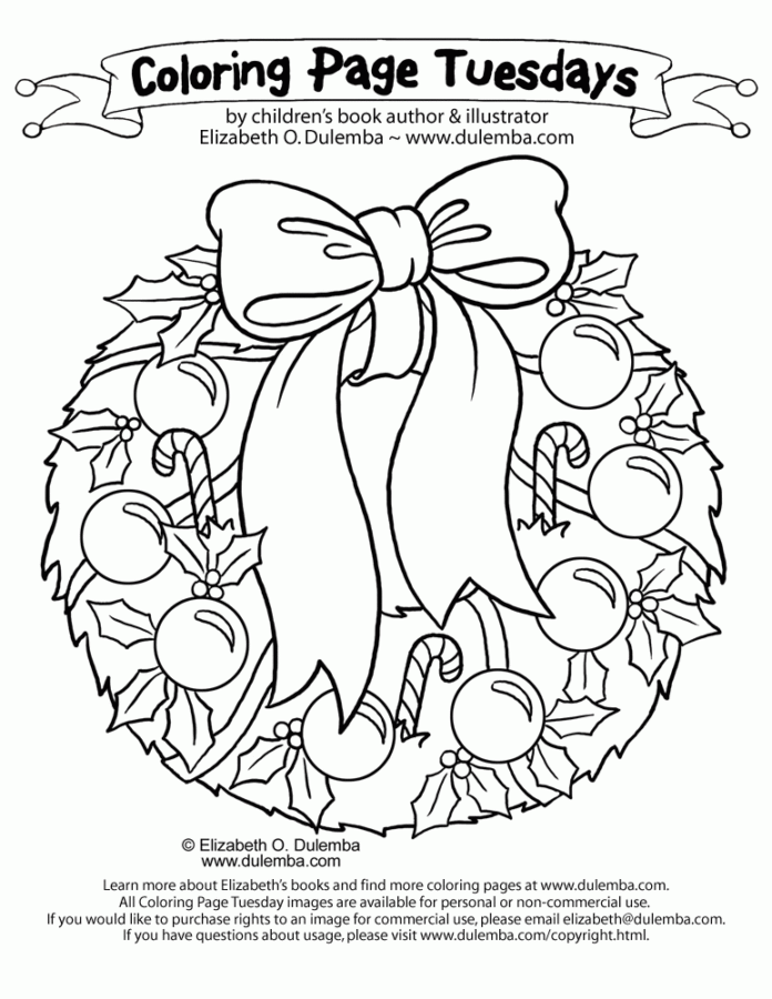 クリスマスツリーの飾りのページを着色で印刷可能なクリスマスの花輪