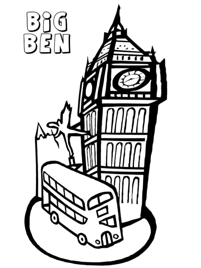 Coloring page English bus near Big Ben tower