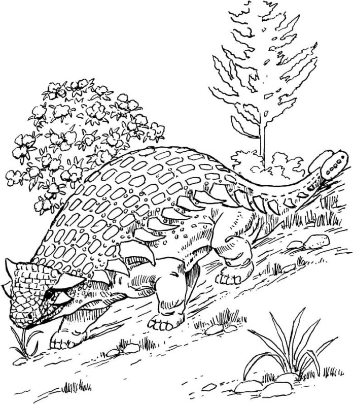Färgbok av ankylosaurus i en glänta som kan skrivas ut