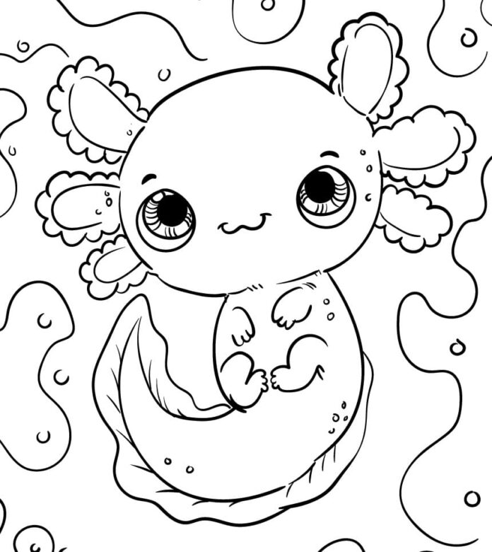 Coloring book axolotl swimming in a coral reef