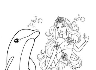 Printable coloring book barbie mermaid swims with dolphin