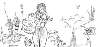 Coloring book barbie mermaid hugs with another mermaid