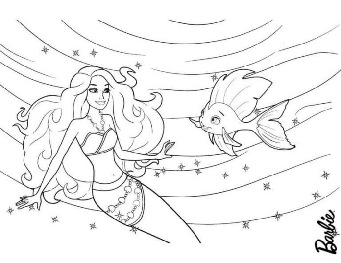 coloring book barbie mermaid with fish