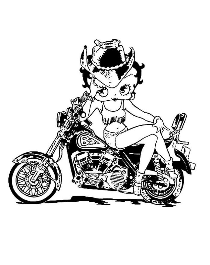 bedruckbares Malbuch von Betty Boop auf einem Motorrad