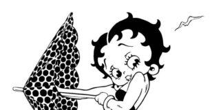 Omaľovánky na vytlačenie Betty Boop s dáždnikom