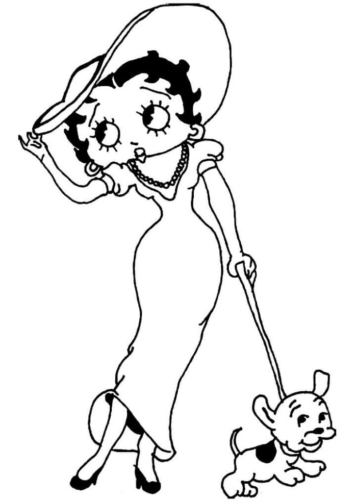 印刷用塗り絵「犬とベティブープ」（Betty Boop with Dog