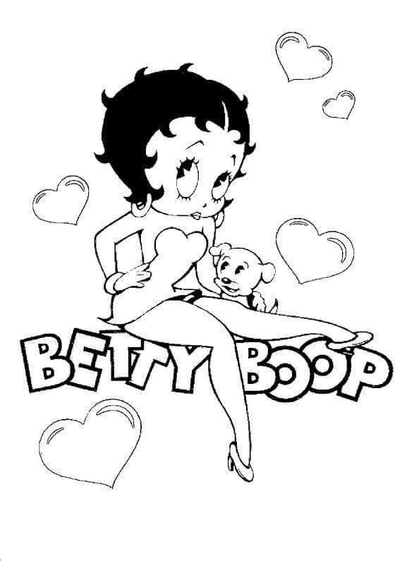 livro de colorir betty boop com corações e um animal de estimação