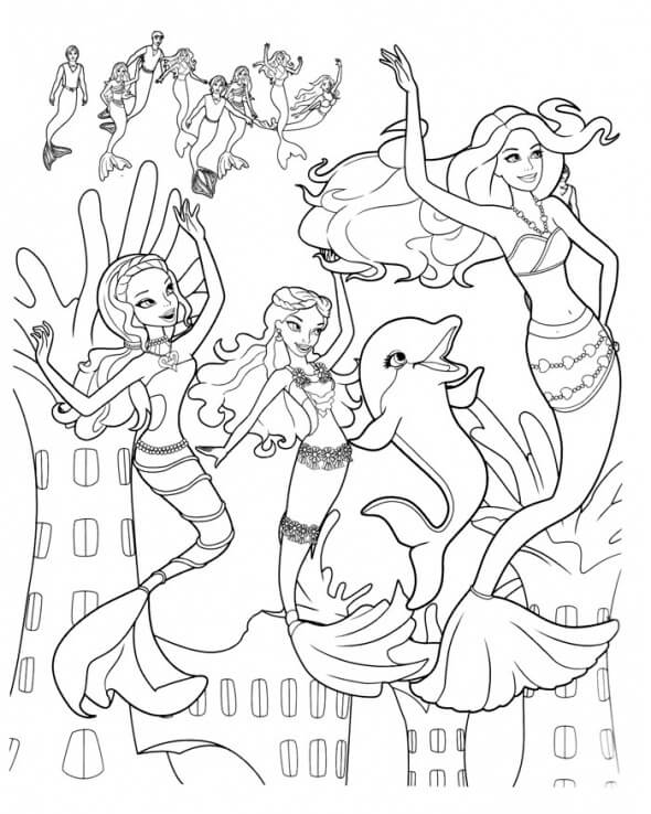 página para colorir a dança dos personagens de contos de fadas da sereia barbie