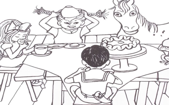 pagina da colorare eroi che mangiano a tavola