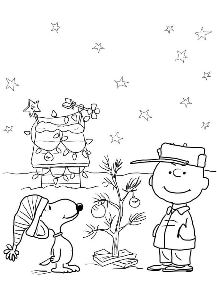 Livro de colorir personagens de desenhos animados do Peanuts junto à árvore  de Natal imprimíveis e online