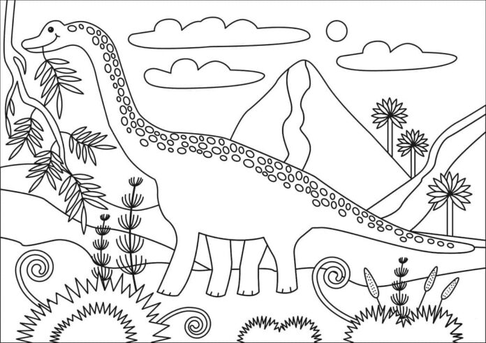 Coloring book Brachiosaurus in a mountainous area