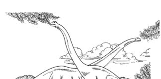 Farvelægningsbog til udskrivning af brachiosaurer, der spiser blade