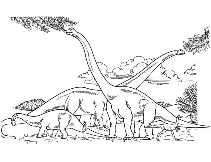 Printable coloring book Brachiosaurs eat leaves