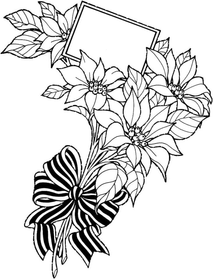 coloriage d'un bouquet de ponsation avec carte et ruban