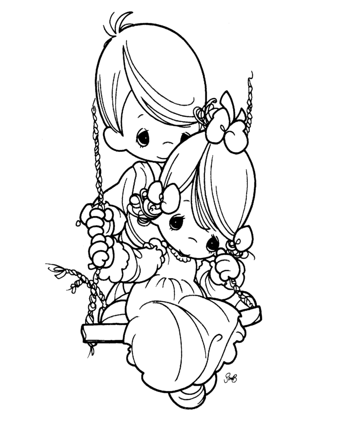 Coloring page boy swings girl in precious moments cartoon